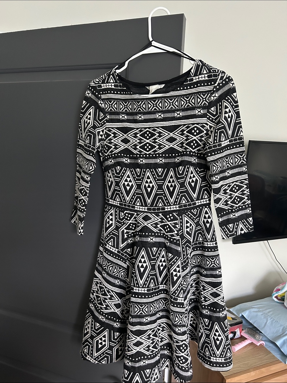 H&M Black and White Long-Sleeve Geometric Fit & Flare Dress
